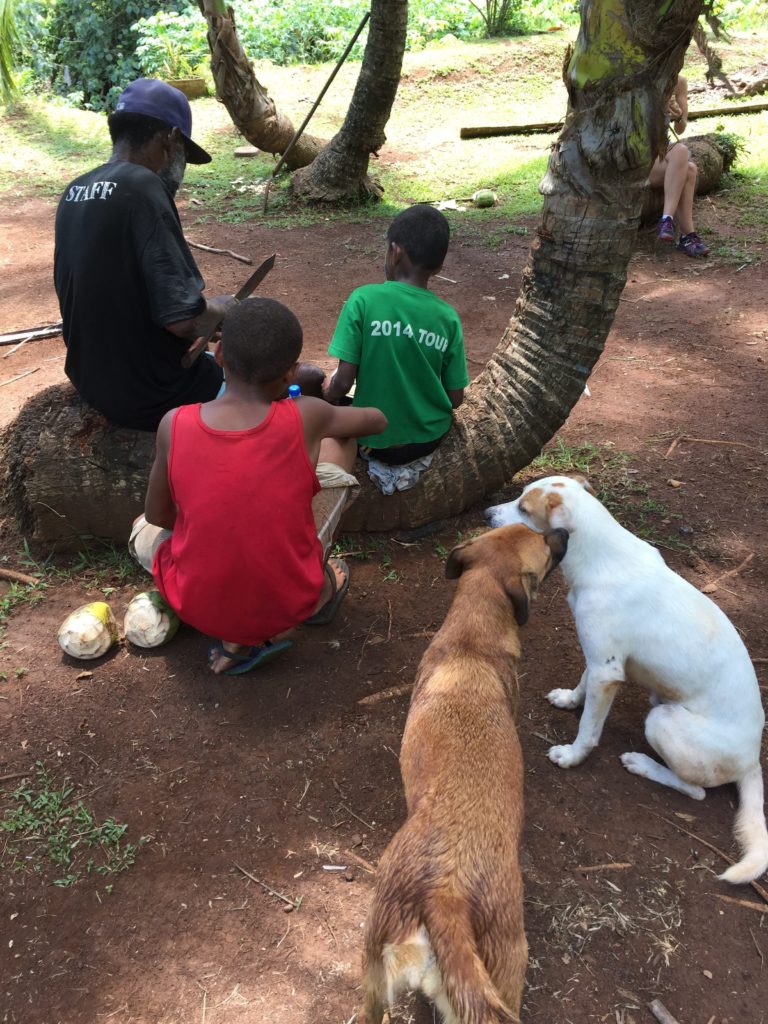 Juta cutting open a coconut.